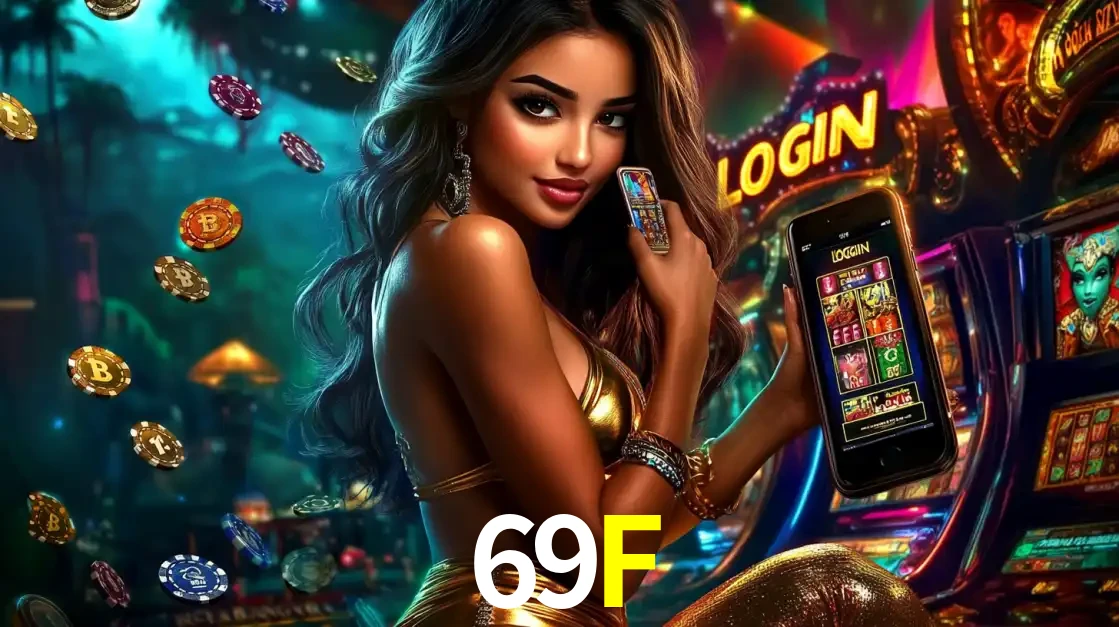 Mulher em um cenário de cassino temático de aventura, mostrando o app de caça-níqueis da 69F no celular. Fichas de apostas flutuam ao redor.