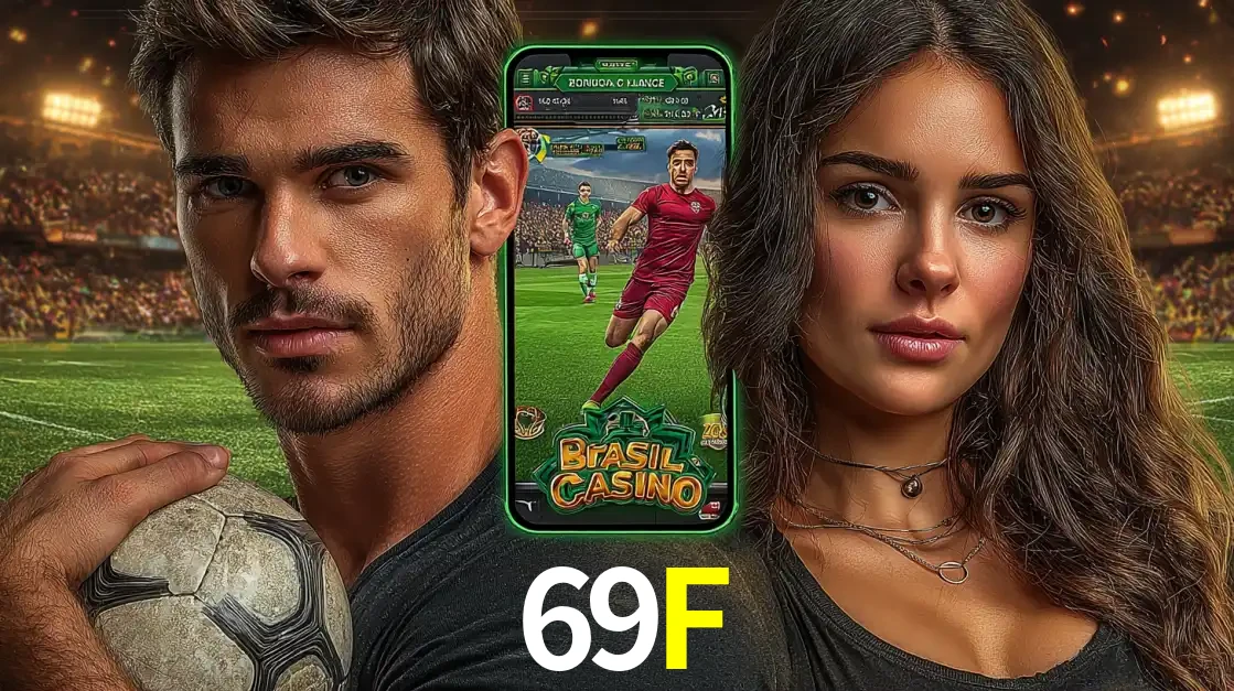 Homem segurando uma bola de futebol e uma mulher ao lado de um smartphone exibindo o jogo de apostas esportivas da 69F. Faça seu palpite no cassino online.